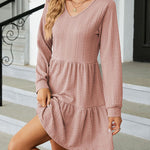 Solid Color Patchwork V-Neck Long Sleeves Loose-Fitting A-Line Dress