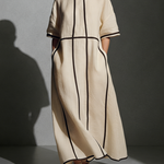 Women's Modern Linen Blend Beige Stand-Collar Half-Sleeve Contrast-Line Pocketed Maxi Dress