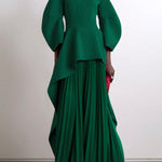 Long Sleeves Loose Pleated Solid Color Split-Joint Tiered Round-Neck Maxi Dresses