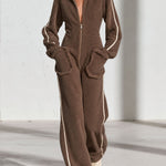 Casual Warm Fleece Color Block Long-Sleeved Hooded Jumpsuit