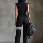 Sporty Retro Lace Striped Black Sleeveless Hooded Jumpsuit
