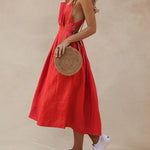 Strap Button Waist Pleated Dress