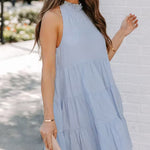 Sleeveless Loose Plain Mini Dresses Mock Neck Layered Ruffled Loose Flowy Swing Short Tank Dress