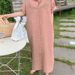 Oversized Button Down Maxi Shirt Dress Short Sleeve Side Split Casual Loose Solid Tunic Dress