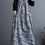 Artistic Retro Ramie Cotton Loose 3 Colors Floral Printed Square-Neck Sleeveless Strap Dress