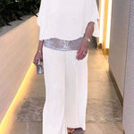 Stylish Sequin Patchwork Dolman Sleeve Top and Elastic Waist Wide Leg Pants Set