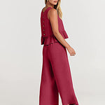 Nadorine 2 Piece Outfits Sleeveless Ruffle Tank Crop Top and Wide Leg Pants Lounge Set with Pockets