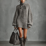 Women's Minimalist Loose Knitted High Neck Bow Tie Mini Dress