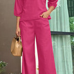 Loose solid color long sleeved top wide leg pants set