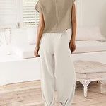 Two Piece Matching Sets Short Sleeve Pullover Tops Solid Color High Waisted Lounge Pants