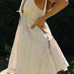 V-neck front and back drawstring large swing skirt irregular dress