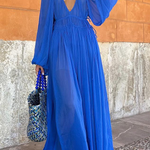 Blue Gemstone Chiffon Ruched Gathered Waist Maxi Dress