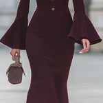 Bodycon Flared Sleeves Buttoned Solid Color High Neck Midi Dresses