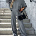 Solid Color Two Pieces Sets Off-shoulder Bat Sleeve Top Casual Wide Leg Pants Suit