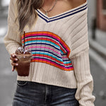 Striped Contrast V-Neck Dropped Shoulder Sweater