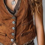 Washed Caramel Denim With Brass Button Stitching Vest