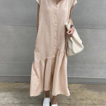 Nadorine Women's Casual Short Sleeve Ruffles Collared Button Down Maxi Dress