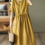 Retro Stitching Dress High Waist Lace Up Swing Skirt Knee Long Dresses