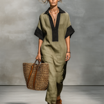 Women's Minimalist Linen Blend Color-blocked Short-sleeved Maxi Dress