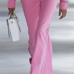 Fashionable Personalized Lapel Pink Denim Off-the-shoulder Long-sleeved Flared Jumpsuit