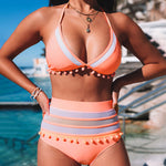 Nadorine Women's Bohemian Backless Swim Top Mesh Insert High Waist Bikini Sets