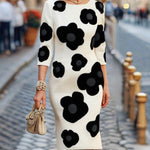 Three-Quarter Sleeves Flower Print Round-Neck Midi Dresses