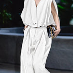 Loose Sleeveless Pleated Split-Joint V-Neck Blouses&Shirts Tops