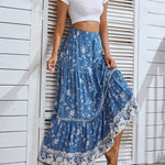 Nadorine Women's Bohemian Floral Skirt Elastic High Waist A- Line Tiered Flowy Beach Maxi Skirt