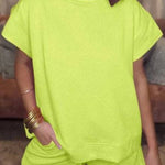 Women's Solid Textured Drawstring Shorts Set