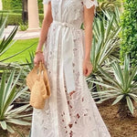 Dubai Style Floral Crochet Lace Short Sleeve Tie-up Shirt Maxi Dress