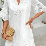 Solid Color Hollow Embroidery Casual Lace V-Neck Mini Dress