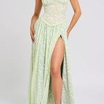 Ulissa Light Green Square Neck Jacquard Textured High Slit Maxi Dress