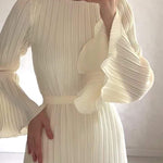 Pleated Bell Sleeve Back Tie Up Maxi Dress