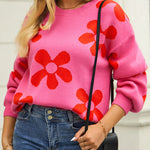 Floral Print Color Block Pullover Long Sleeve Sweater