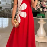 Solid Color Round Neck Floral Maxi Dress