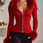Lapel Zipper Faux Fur Collar Knitted Cardigan