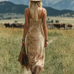Bohemian V-Neck Fringe Sleeveless Printed Faux Suede Midi Dress