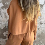 Solid Color Crew Neck Short-sleeved Casual Top and Elastic Waist Tie Pocket Wide Leg Pants Set