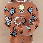 Mediterranean Art Knit Unique Sun Vortex Print Long Sleeve Relaxed Sweater