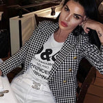 Houndstooth Double Breasted Button Down Notch Collar Blazer Jacket with Pockets