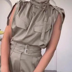 Loose Sleeveless Buckle Solid Color Stand Collar Blouses&Shirts Tops