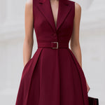 Luxe Burgundy Tailored-Collar Midi Dress
