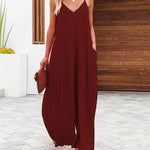 Summer Solid Color V Neck Suspenders Wrapped Wide Leg Long Rompers Pant Jumpsuits
