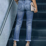 Ripped Stretch Skinny Jeans Mid Waist Distressed Denim Pants