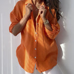 Nadorine Solid Loose Single breasted Full Pull Long Sleeve Blouse Polo Pocket Tops
