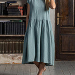 Short Sleeve Round Neck Solid Color Loose Pleated Swing Mid-Long Dresses