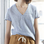 Solid Color V-neck Cotton Linen T-shirt Slim Casual Top