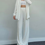Elegant Solid Color Long-Sleeve Shirt Cardigan & Wide-Leg Pants Casual Set