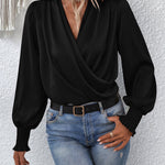 Nadorine Elegant V-neck Lantern Sleeve Blouse Temperament Solid Color Shirt for Women Casual Work Office Loose Fit 2026 | Under $40