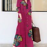 Lapel Long Sleeve Long Shirt Dress butterfly Printed Loose Plus Size Maxi Dresses